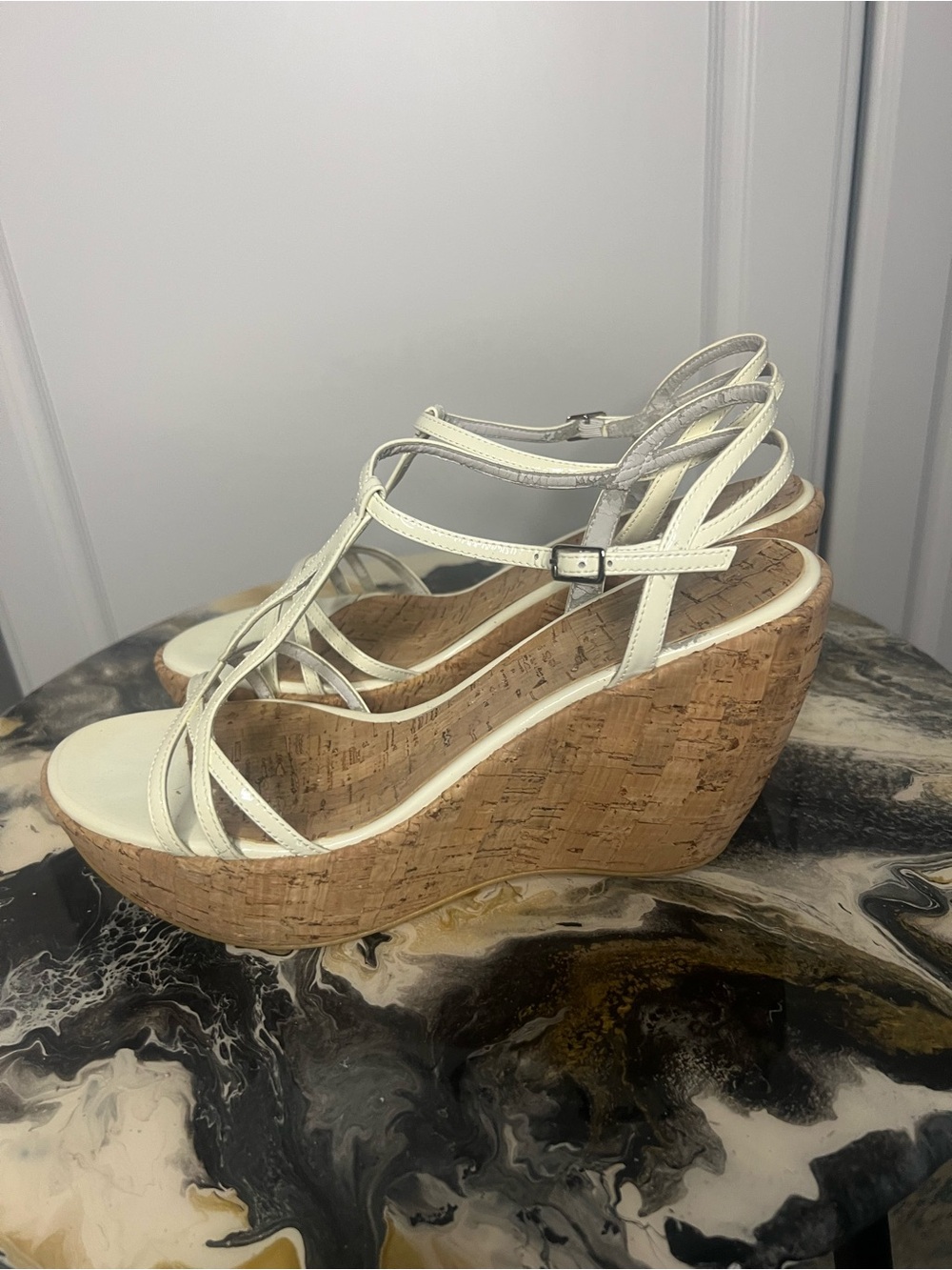 Vintage Y2K Stuart Weitzman White Cork Wedge Sandals - Picture 4 of 14